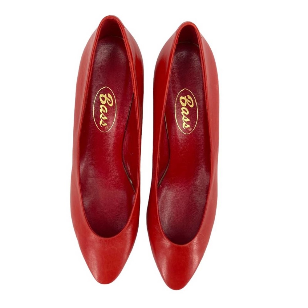 Vintage 80s Red Leather Wood Stacked Kitten Heel Pumps - Picture 6 of 14